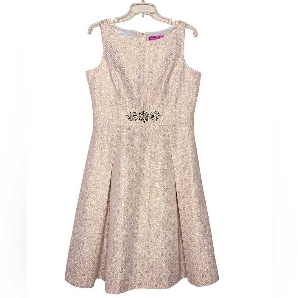 Eliza‎ J Fit-n-Flare Gold Thread Jacquard Dress with Rhinestones